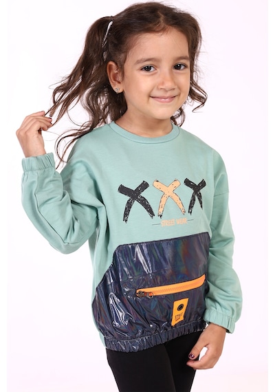 Toontoy Kız Çocuk Cep Detaylı Baskılı Sweatshirt Yeşil