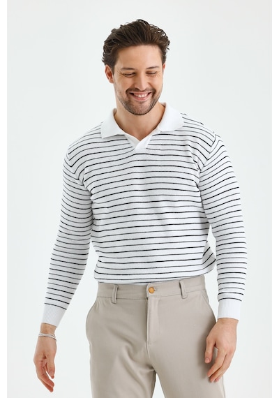 Erkek Patlı Slim Fit Çizgi Detaylı Uzun Kollu Polo Yaka Triko Kazak beyaz