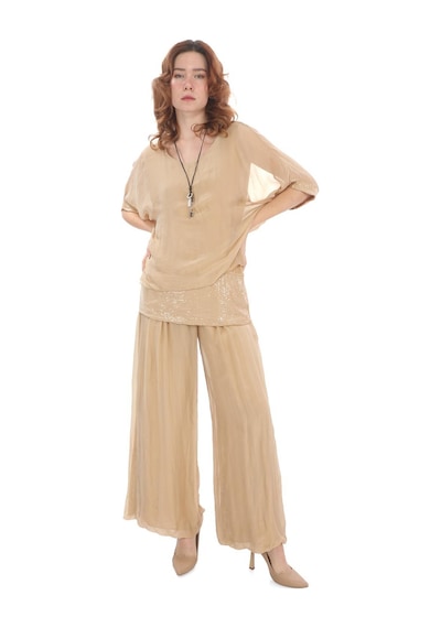 İtalyan Yarasa Kol Pul Payetli İpek Bluz Pantolon Takım Camel