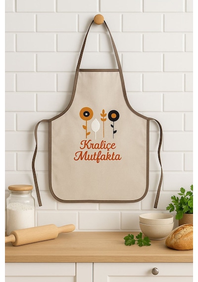Kraliçe Mutfakta Nakışlı Keten Yıkanabilir Mutfak Önlüğü Standart Beden 1 Adet 50x70 Cm Bej