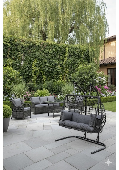 Lüks Rattan Görünümlü 7 Kişilik Bahçe Oturma Takımı Ve 2 Kişilik Salıncak Seti - Gri Minderli Teras Balkon Mobilyası Antrasit Lüks Rattan Görünümlü 7 Kişilik Bahçe Oturma Takımı Ve 2 Kişilik Salıncak Seti - Gri Minderli Teras Balkon Mobilyası Antrasit