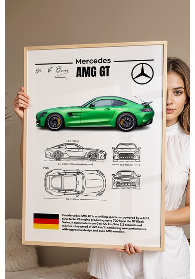 Mercedes-amg Gt Tablo - Teknik Özellikli Spor Araba Poster - Çerçeve Duvar Dekoru - Araba Blueprint Kayın