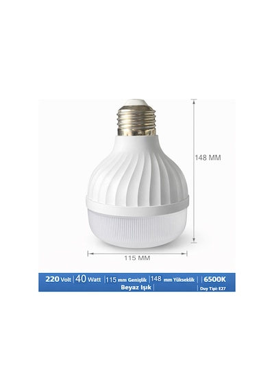Led Ampul 220 Volt 40 Watt 4400 Lümen Beyaz Işık 6500 K Işık Sıcaklığı Hüzme Açısı 240 Derece