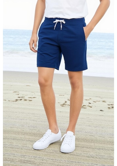 Elemge Pamuklu Erkek Indigo Casual Şort Yan Cepli Bağcıklı Regular Fit Boru Paça Günlük Bermuda 2 Iplik İndigo