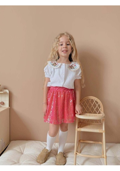 Miniko Kids Kız Çocuk Kısa Kol Gömlekli Pullu Etekli Bayramlık Takım Pembe