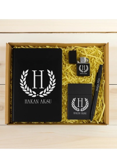 Bk Gift Kişiye Özel İsimli Siyah Defter & Kalem & Çakmak & Sigara Kutusu Hediye Seti-1 Babalar Günü Hediyesi, Erkeklere Özel Hediye Kobitmeyencom342