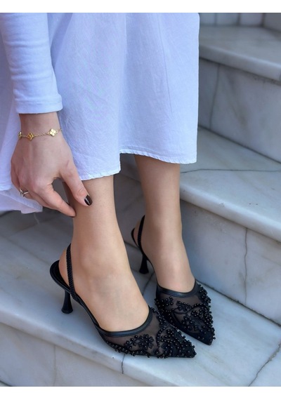 Ervanın Butiği Siyah İnci Varia Dantel Detay Kadın Stiletto-6010