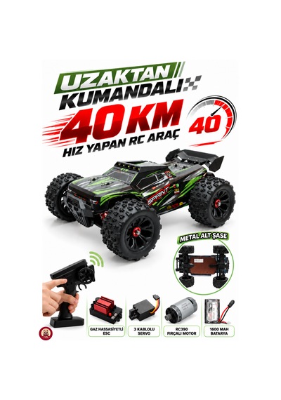 Oyuncak 2.4 Ghz Uzaktan Kumandalı Rc Arazi Arabası 40 Km/sa Hız 4x4 Çekiş Metal Şase Rc390 Motor Şarjlı Led Işıklı Gaz Ve Direksiyon Hassasiyetli Yeşil