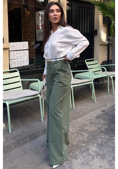 Madmext Haki Yüksek Bel Keten Wide Leg Pantolon Mg2718