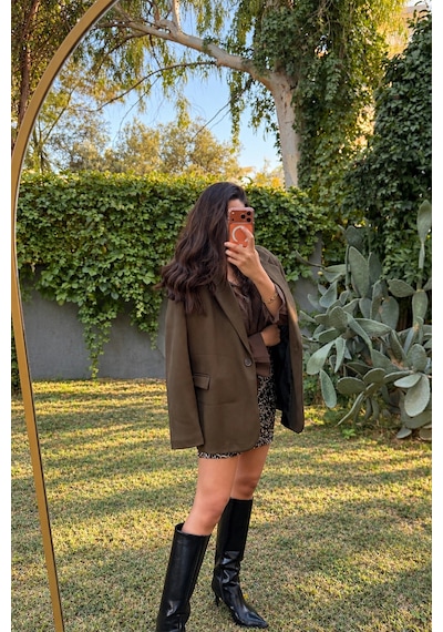 Byemelika Haki Süet Dokulu Oversize Kadın Blazer Ceket
