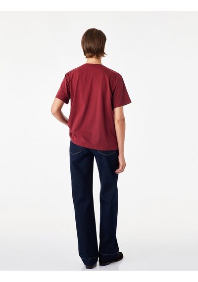 Koton Pamuklu Kısa Kollu Bisiklet Yaka Oversize Basic Tişört Bordo 7wak50007ek