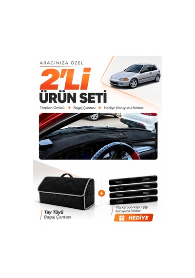 Honda Civic Eg-ex-el 1994-2000 Uyumlu Torpido Örtüsü + Tay Tüyü Bagaj Çantası Seti - Siyah Gri