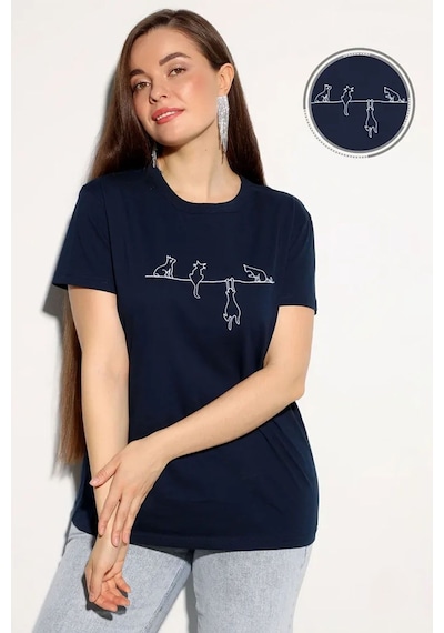 Uyguntarz Unisex Kedi Baskılı Oversize Tshirt Lacivert