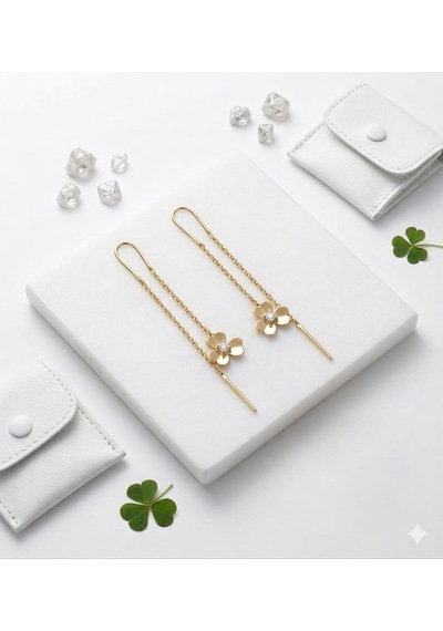 925 Ayar Papatya Silver Tektaş Kalp Sallantılı Yonca Küpe.rose.gold.rodaj Gümüş