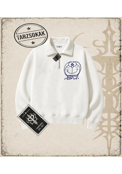 Tarzsokak Gotik & Grunge Streetwear Doraemon Yarım Fermuarlı Sweatshirt Beyaz