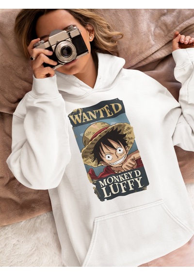 Sevbano Wanted Monkey D. Luffy Baskılı Unisex Oversize One Piece Anime Ho beyaz