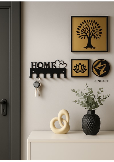 Lunoart Home Yazılı Kalpli Metal Anahtarlık Askısı Duvar Tipi Anahtar Organizer Siyah