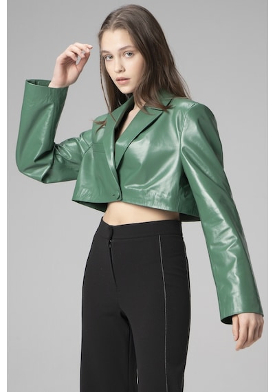 Yeşil Overlay Dericlub Wm034 Gerçek Deri Crop Blazer Kadın Ceket