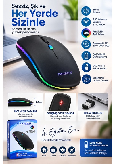 Astraltech Sessiz Tıklama 800 1200 1600 Dpı Ayarlanabilir Mouse Kablosuz