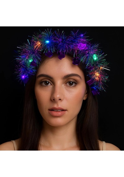 Kalp Püsküllü Gece Parıltısı 3 Modlu Led39li Işıklı Taç Mor