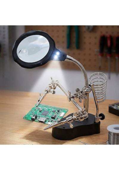 Led Işıklı Büyüteç Lehimleme İstasyonu Yardımcı Klipsli Masaüstü Elektronik Tamir Ve Donanım Onarım Büyüteci 5570