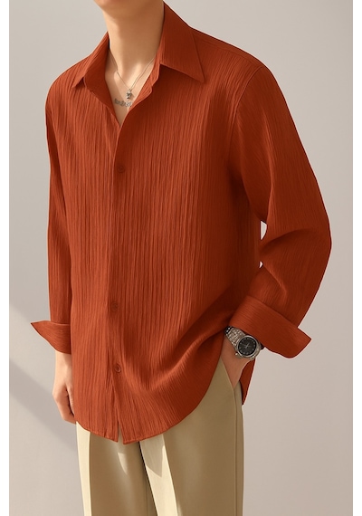 Tarz Cool Erkek Bürümcük Slim Fit Gömlek Yaka Uzun Kollu Gömlek Kiremit
