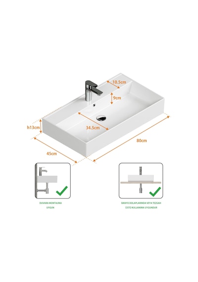 Aqua Bagno Plan Tezgah Üstü Kare Lavabo Beyaz 80 x 45 CM