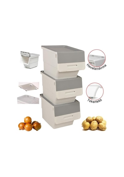 Motek Tekerlekli Patateslik Soğanlık Oyuncak Kutusu Patateslik Soğanlık Sepeti 3x12lt Beyaz+gri