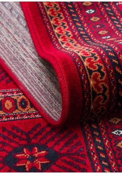 Eko Halı Herat Her 03 Red Afgan Desenli Viskon Sıkı Dokuma Kaymaz Tabanlı İnce Makine Halısı Krem - Kırmızı