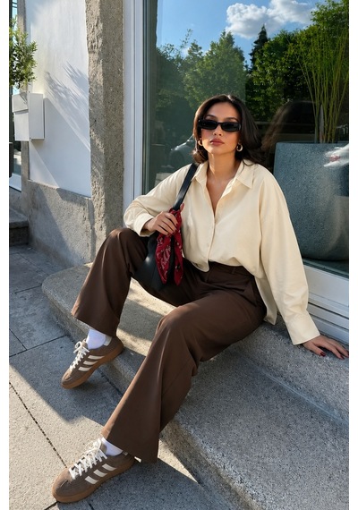 Seeh Bej Oversize Basic Kadın Gömlek Sh268