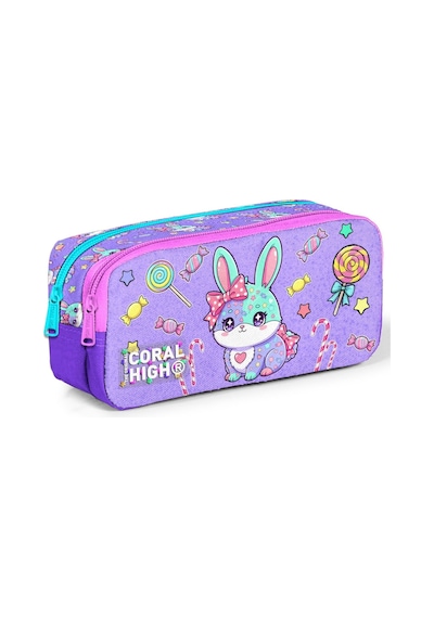 Coral High Kız Çocuk Mor Sevimli Tavşan Baskılı İki Bölmeli Kalem Çantası/kalemlik 31055