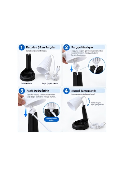 Hareketli Başlıklı Beyaz Masa Lambası E14 Duy, 3000k Sarı Işık Led Buji Ampul Hediyeli, 2 Metre Kablolu, Abs Plastik Çalışma Ve Ders Lambası
