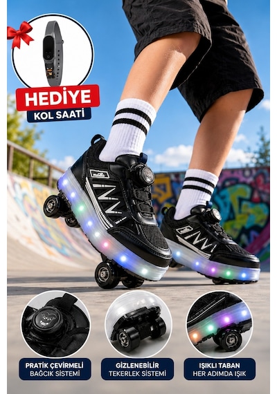 Muggo Skate Çocuk Işıklı Patenli Tekerlekli Sneaker Spor Ayakkabı Siyah