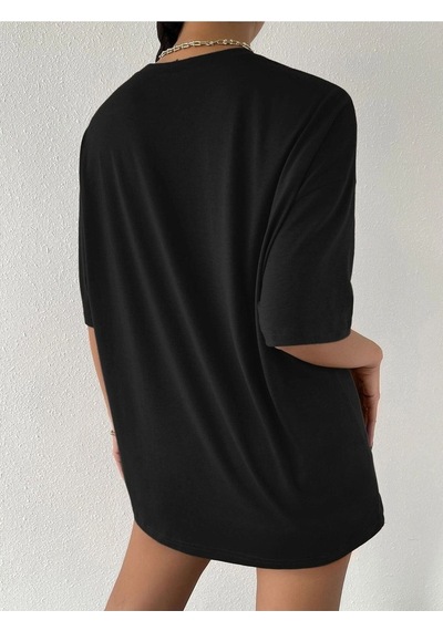To Rome T-shirt - Siyah Baskılı Oversize Bisiklet Yaka Kısa Kol Tişört Siyah