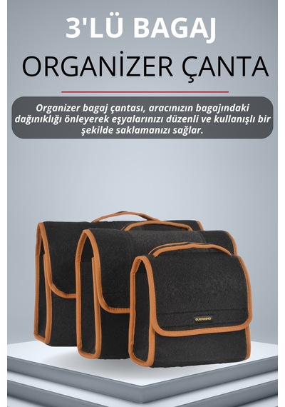 3'lü Cırtlı Keçe Kumaş Oto Bagaj Çantası Geniş Hacimli,dayanıklı,araç İçi Düzenleyici Kahverengi