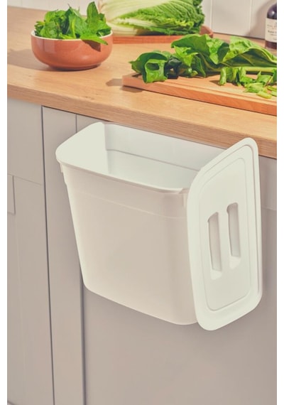 Flosoft Dolap İçi Kapaklı Asılabilir Çöp Kovası, Dolap Kapağı Askılı Çöp Kutusu Krem 7 Litre Krem