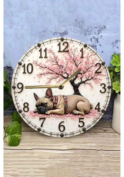 Sakura Ağacı Ve Fransız Bulldog Temalı Mdf Duvar Saati 33 Cm Sdw325 Renkli