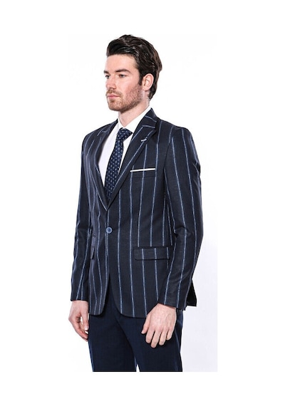 Wessi Çizgili Lacivert Slim Fit Ceket Siyah