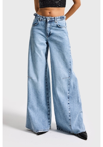 it's basic Kadın Kot Rengi 4s6-3 Baggy Palazzo Fit Kemer Detaylı %100 Koton Denim Jean Mavi