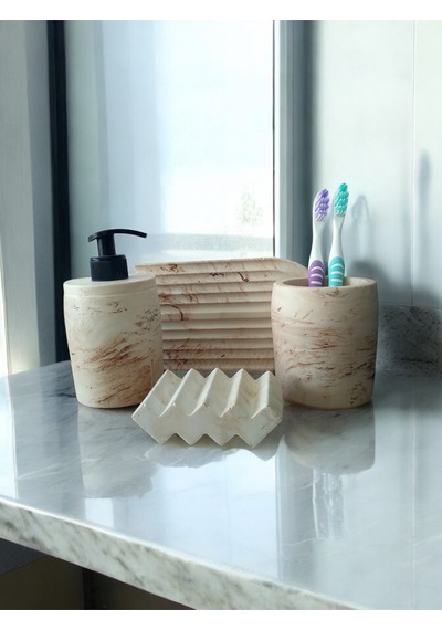 Marble Serisi Bej Beton Sıvı Sabunluk Ve Diş Fırçalık Seti Gri