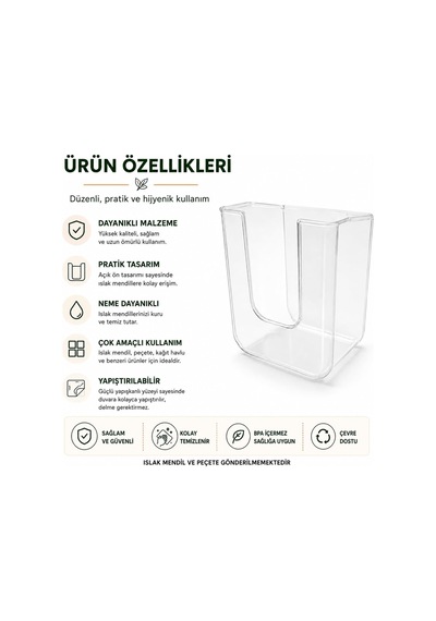 Duvara Yapıştırılabilir Islak Mendil Kutusu, Şeffaf Kırılmaz Plastik Mendillik Peçetelik, Yapışkanlı Duvar Tipi Islak Mendil Tutucu Organizer, Banyo Mutfak, 11,5 X 8,5 X 14 Cm