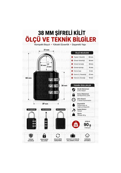 38 Mm 3 Haneli Şifreli Asma Kilit Anahtarsız Güvenlik Paslanmaz Çelik Kanca Bavul, Dolap Ve Ça