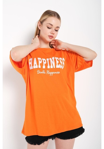 Flood Of Style Kadın Turuncu Happıness Baskılı Oversize Tshirt