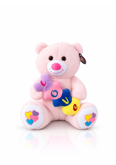 Renkli Kalpli Ayıcık Peluş Oyuncak Ayıcık 60cm - Hediyelik Peluş Oyuncak 046 - Pembe
