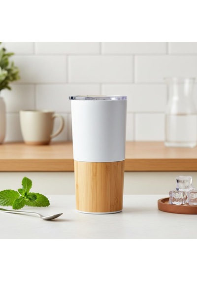 600 Ml Bambu Tabanlı Çelik Termos Mug - 5 Farklı Renk Seçenekli Sıcak Ve Soğuk Tutucu Seyahat Bardağı Beyaz Çok Renkli