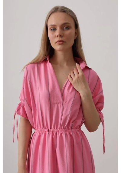 Defymoda Beli Lastikli Elbise - Pembe Pembe