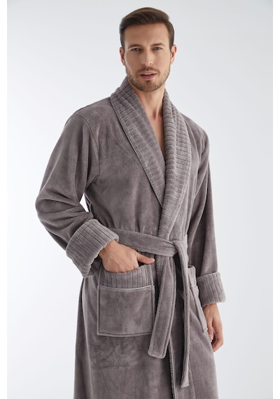 Yaka Fitilli Bambu Cotton Erkek Bornozu Taş