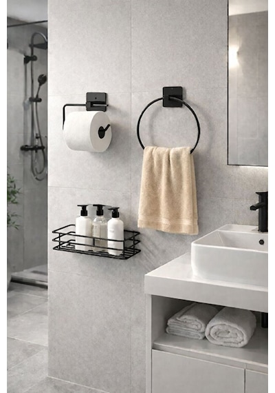 Karteya 3'lü Set Yapışkanlı Banyo Düzenleyici Duşakabin Şampuanlık Banyo Rafı Wc Kağıtlık Ve Havluluk Siyah