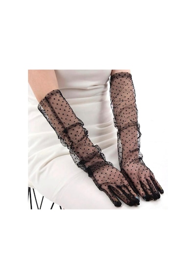 Uzun - 257 - Boy Siyah Puantiyeli Siyah Renk Yetişkin Tül Eldiven - Dpmıx-hb - 55 Cm