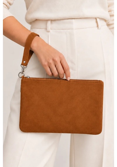 Adelina Bags Süet Portföy El Çantası Bilek Askılı Astarlı Taba Clutch Çanta
